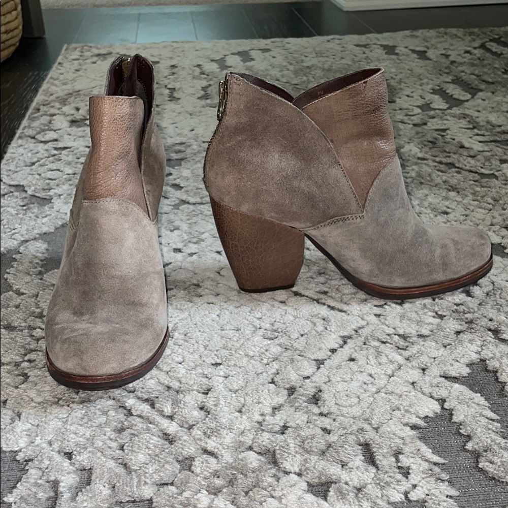 Kork-Ease Tan and Brown Ankle Booties with Low Stacked Heel
